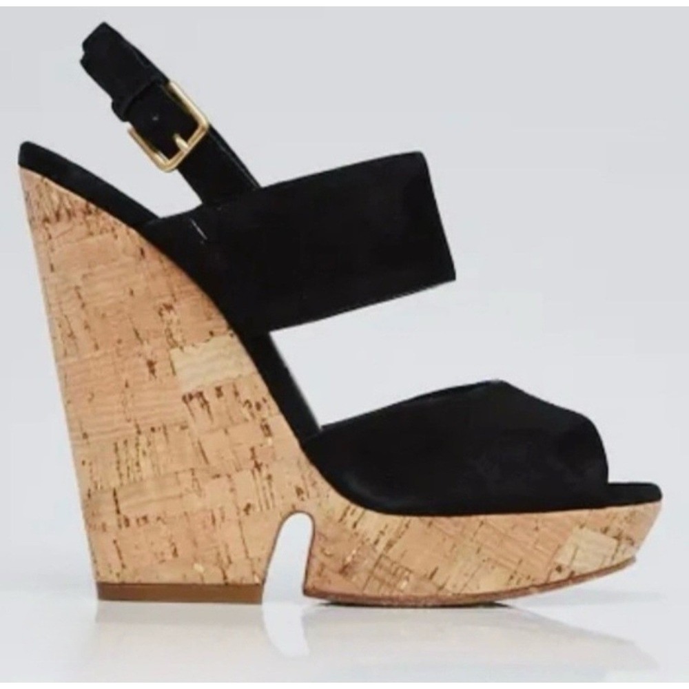 Saint Laurent Deauville Black Suede Cork Wedge Platform Sandals Gold Fleck 40